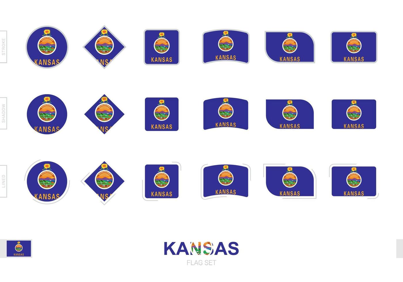 Kansas-Flaggen-Set, einfache Flaggen von Kansas mit drei verschiedenen Effekten. vektor