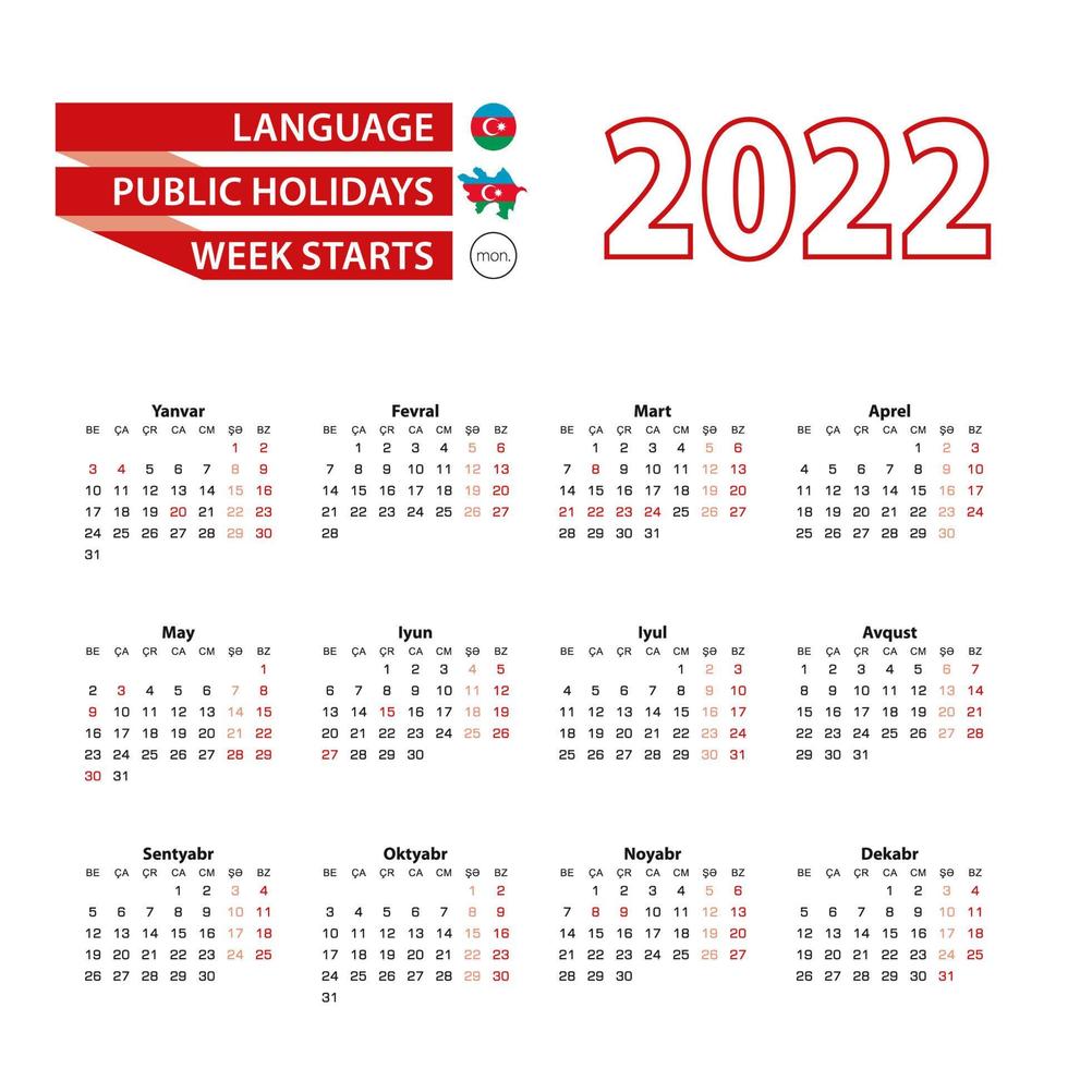 Kalender 2022 in aserbaidschanischer Sprache mit Feiertagen das Land Aserbaidschan im Jahr 2022. vektor