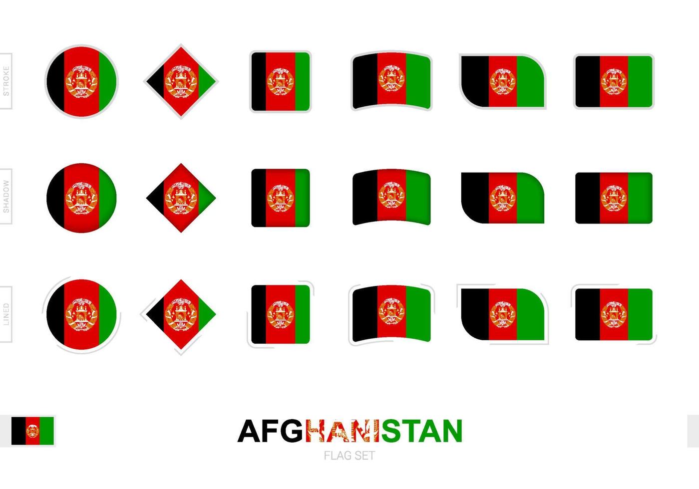 Afghanistan-Flaggensatz, einfache Flaggen Afghanistans mit drei verschiedenen Effekten. vektor