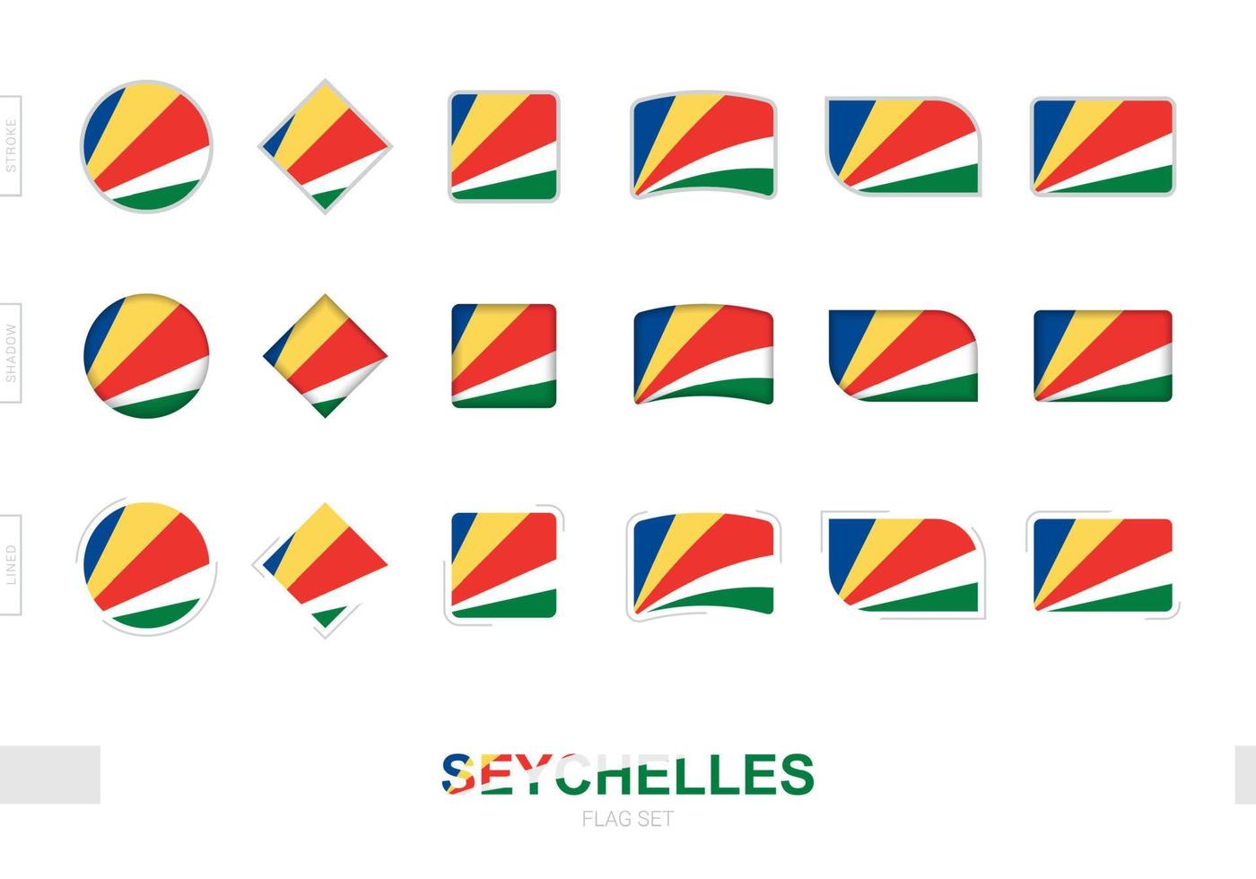 Seychellen-Flaggen-Set, einfache Seychellen-Flaggen mit drei verschiedenen Effekten. vektor