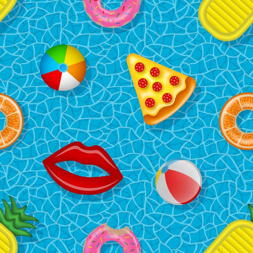 seamless mönster med färgglada gummibåtar på pool vatten bakgrund. sommar sömlös textur med ballonger, uppblåsbara madrasser och simringar vektor