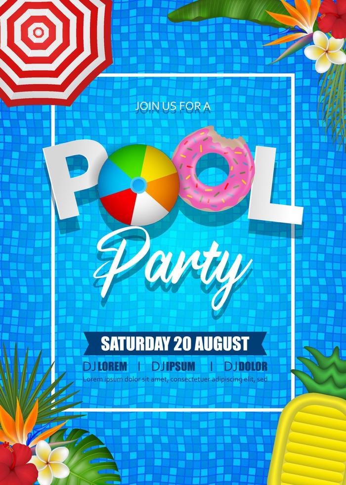Sommer-Pool-Party-Poster mit Schlauchbooten, tropischen Blättern und Sonnenschirm auf Wasserhintergrund vektor