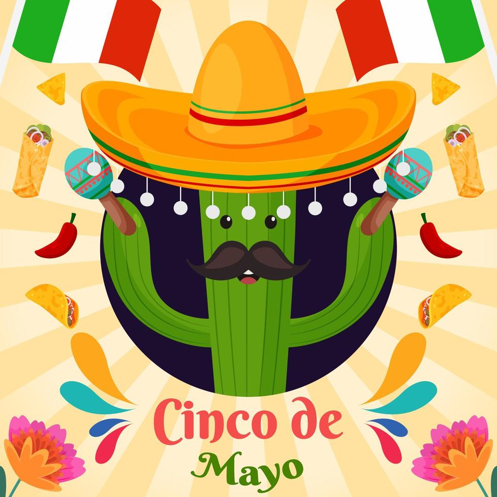 platt cinco de mayo festival bakgrund kaktus med sombrero vektor