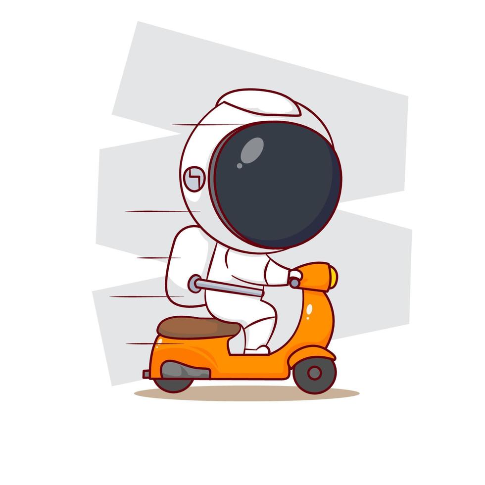 söt tecknad film av astronaut som åker motorcykel. handritad chibi karaktär isolerad bakgrund vektor