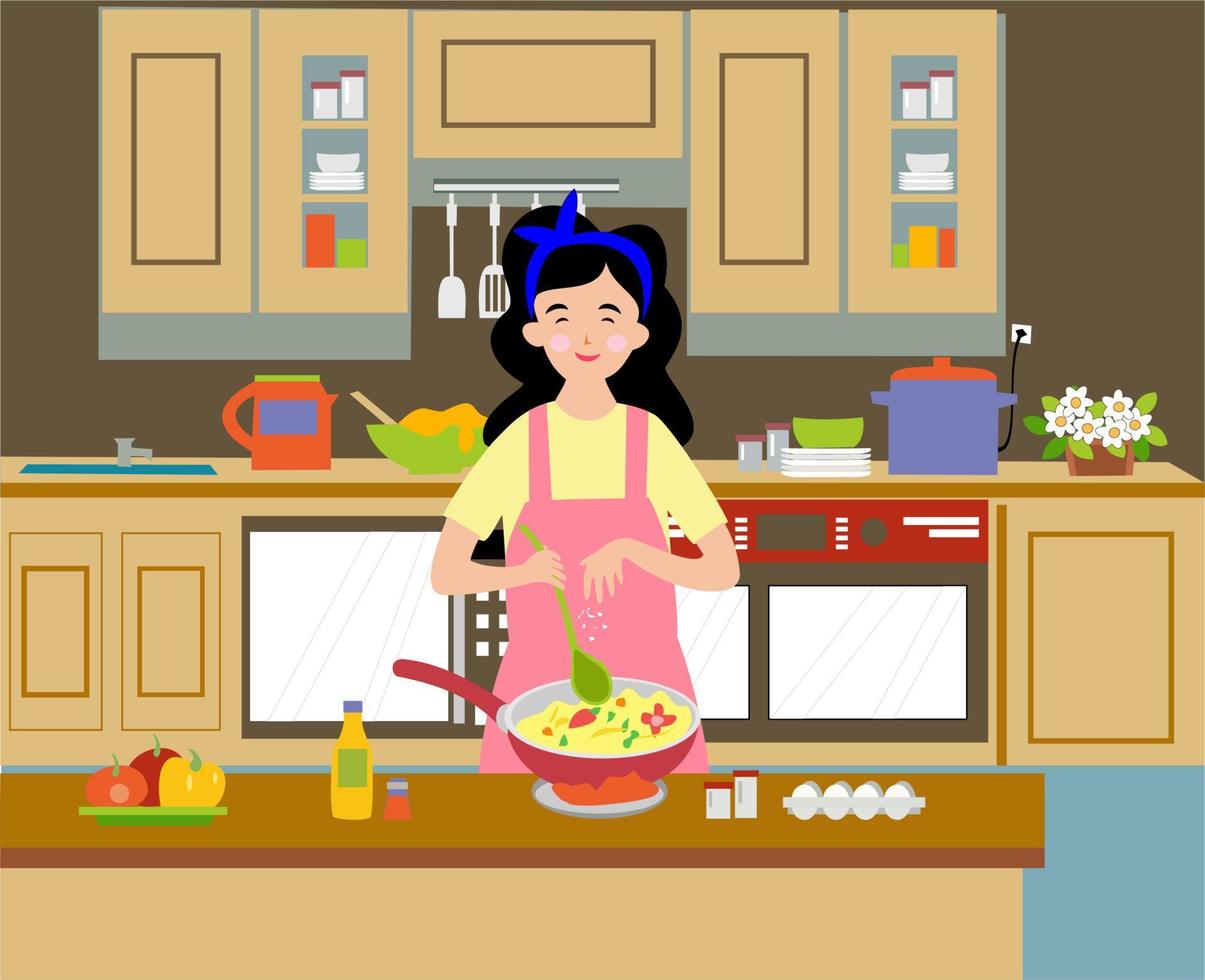 platt designillustration av mamma som lagar mat i hemköket vektor