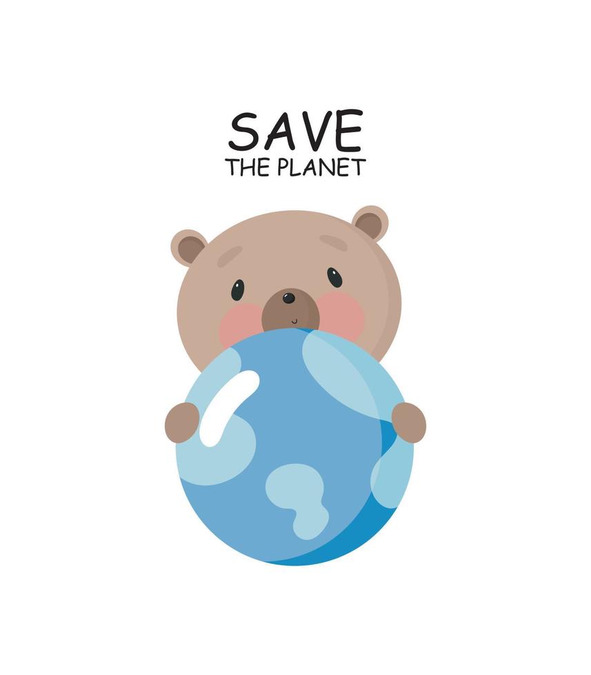 söt björn med planeten jorden. tecknad stil. vektor illustration. för kort, affischer, banderoller, barnböcker, tryck på förpackning, tryck på kläder, tyg, tapeter, textil eller fat.