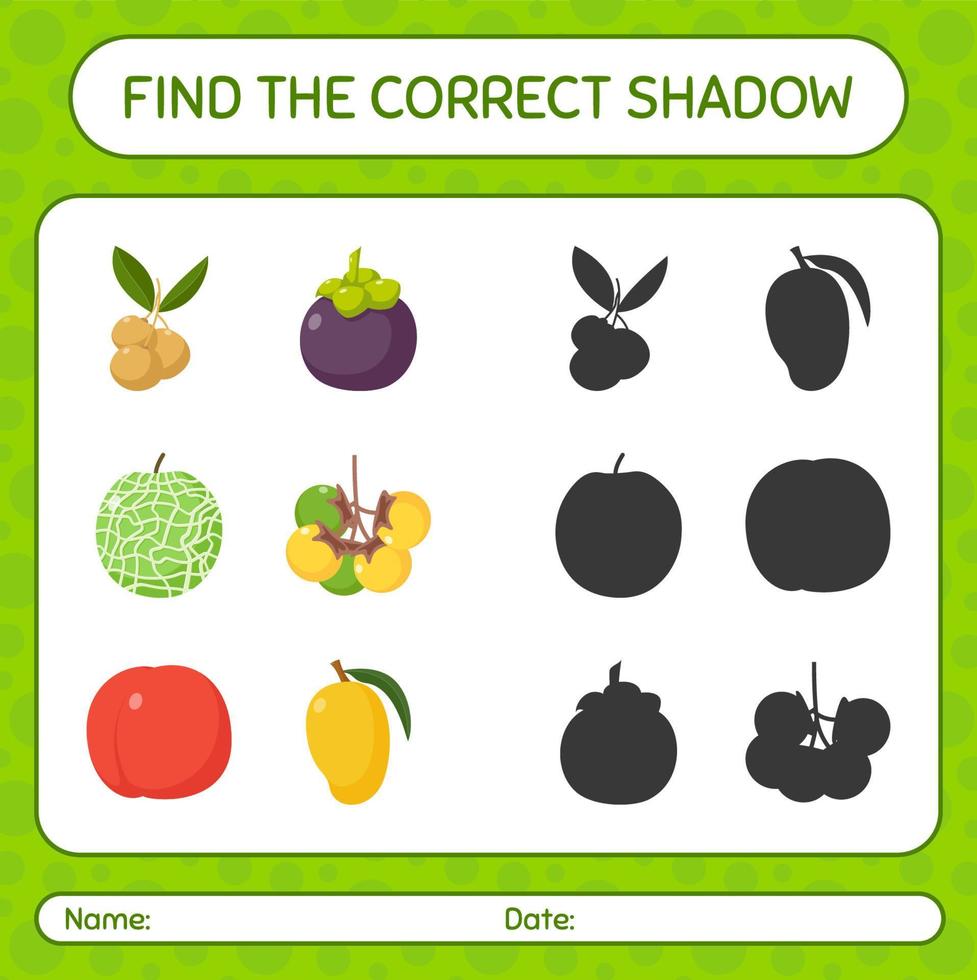 hitta rätt skuggspel med frukt. arbetsblad för förskolebarn, aktivitetsblad för barn vektor