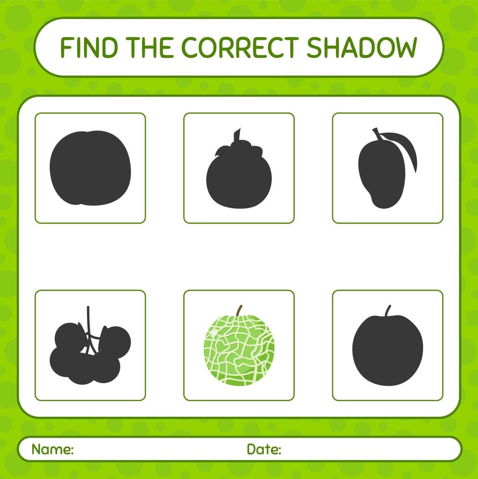 Finden Sie das richtige Schattenspiel mit Melone. arbeitsblatt für vorschulkinder, kinderaktivitätsblatt vektor