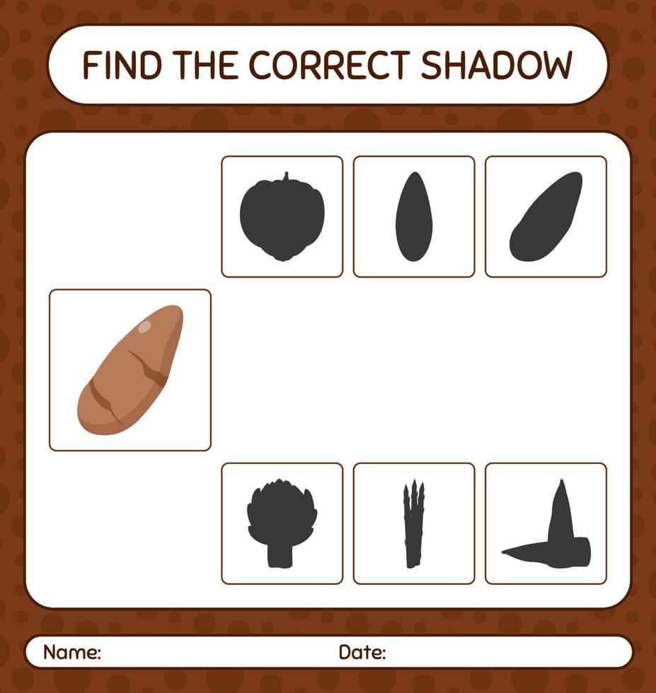 Finden Sie das richtige Schattenspiel mit Yamswurzel. arbeitsblatt für vorschulkinder, kinderaktivitätsblatt vektor