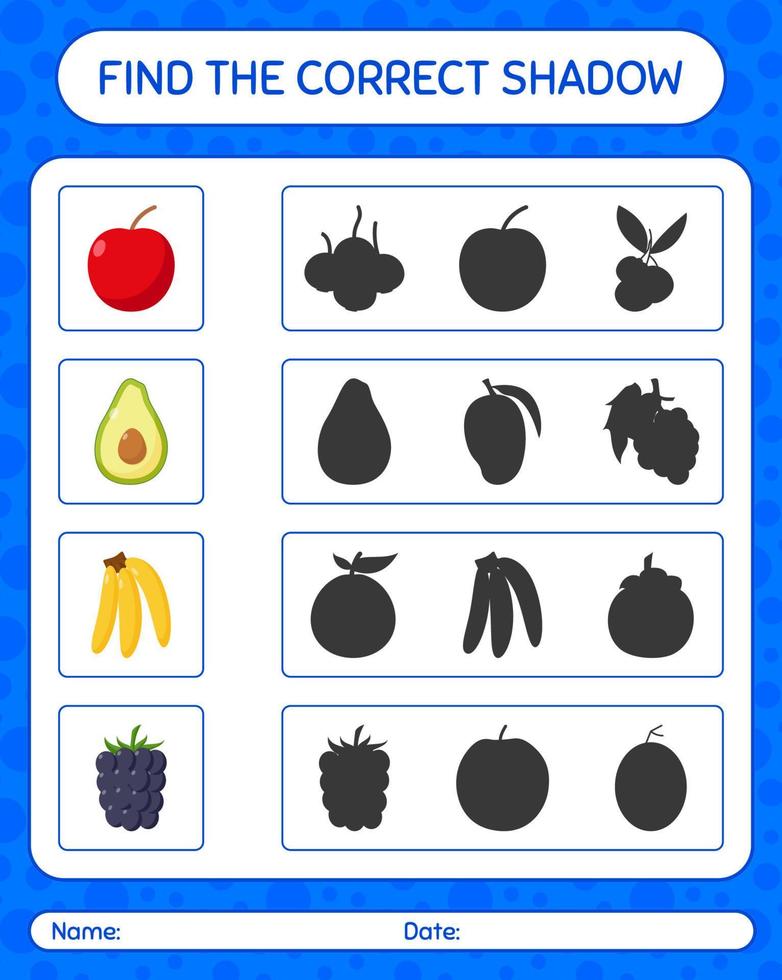 hitta rätt skuggspel med frukt. arbetsblad för förskolebarn, aktivitetsblad för barn vektor