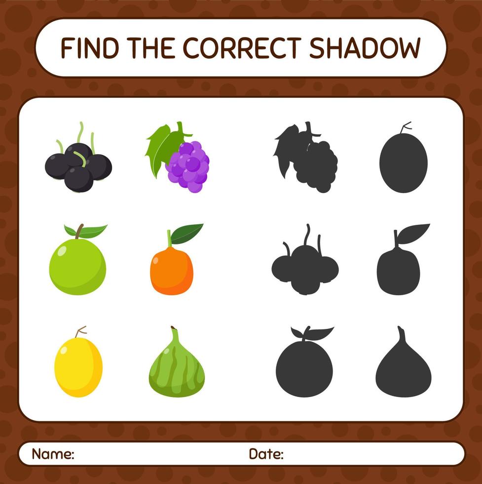 hitta rätt skuggspel med frukt. arbetsblad för förskolebarn, aktivitetsblad för barn vektor