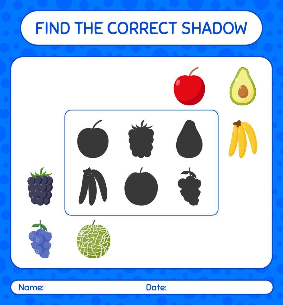 hitta rätt skuggspel med frukt. arbetsblad för förskolebarn, aktivitetsblad för barn vektor