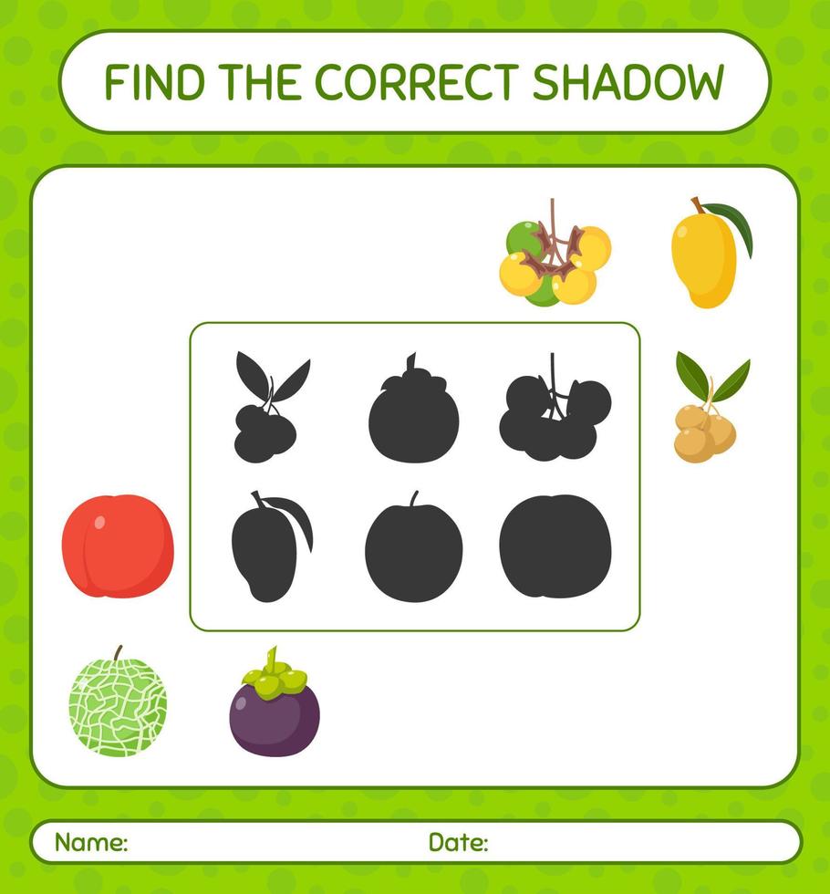 hitta rätt skuggspel med frukt. arbetsblad för förskolebarn, aktivitetsblad för barn vektor