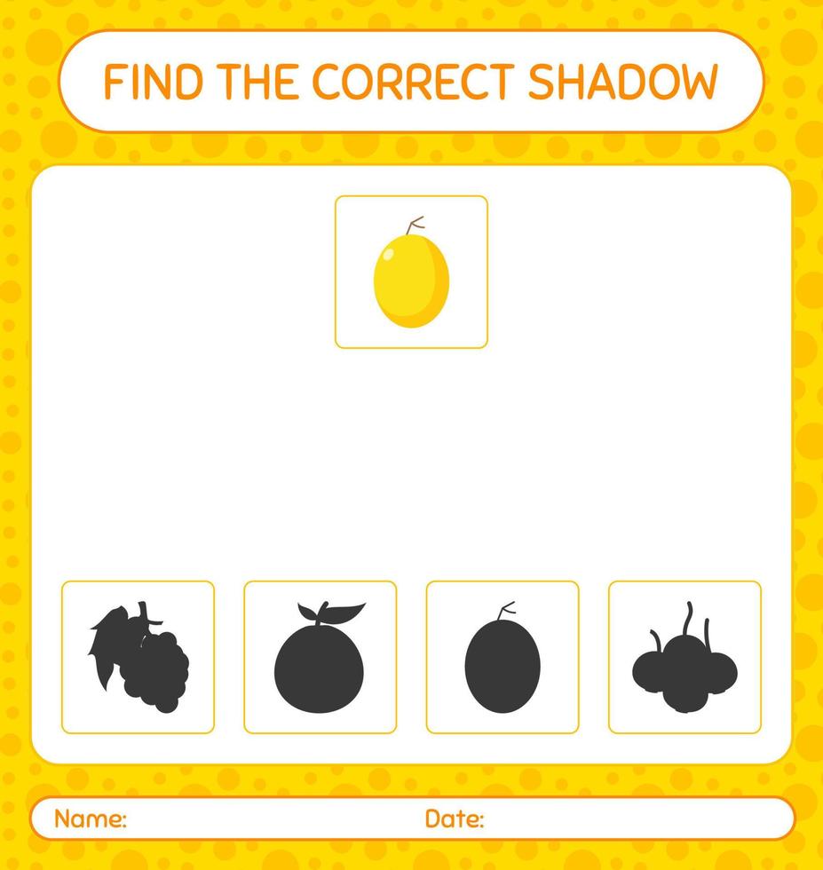 Finden Sie das richtige Schattenspiel mit Honigmelone. arbeitsblatt für vorschulkinder, kinderaktivitätsblatt vektor