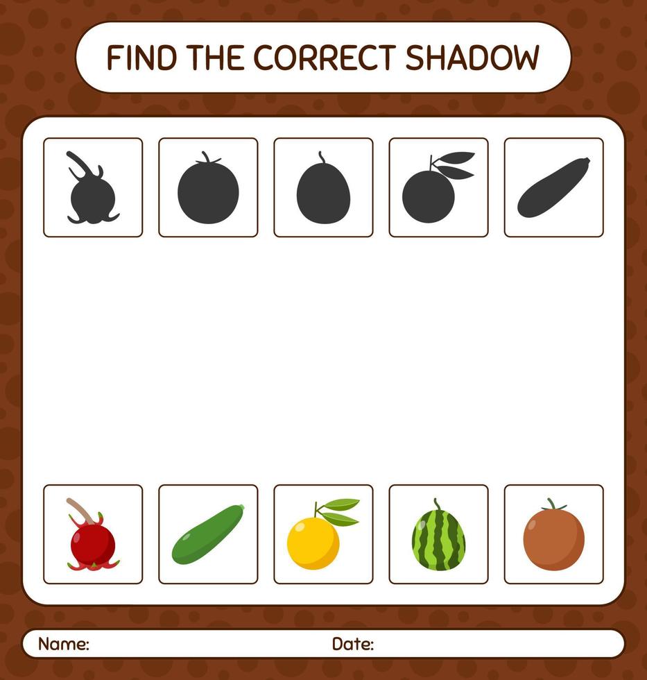 hitta rätt skuggspel med frukt. arbetsblad för förskolebarn, aktivitetsblad för barn vektor