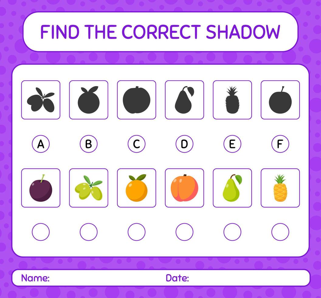 hitta rätt skuggspel med frukt. arbetsblad för förskolebarn, aktivitetsblad för barn vektor