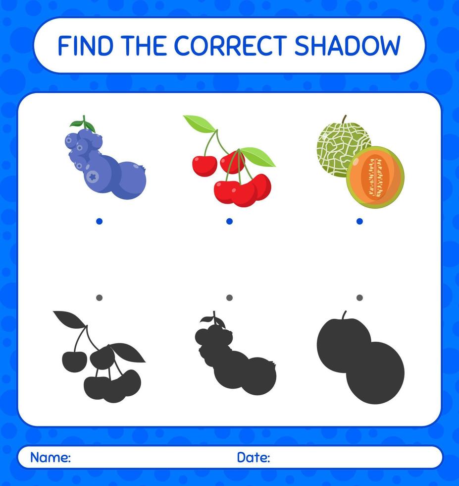 hitta rätt skuggspel med frukt. arbetsblad för förskolebarn, aktivitetsblad för barn vektor
