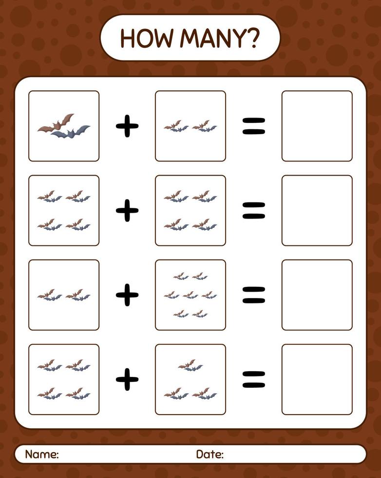 hur många räknar spel med bat. arbetsblad för förskolebarn, aktivitetsblad för barn vektor