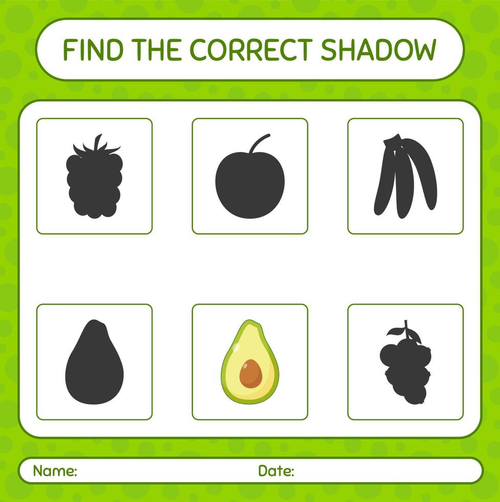 Finden Sie das richtige Schattenspiel mit Avocado. arbeitsblatt für vorschulkinder, kinderaktivitätsblatt vektor