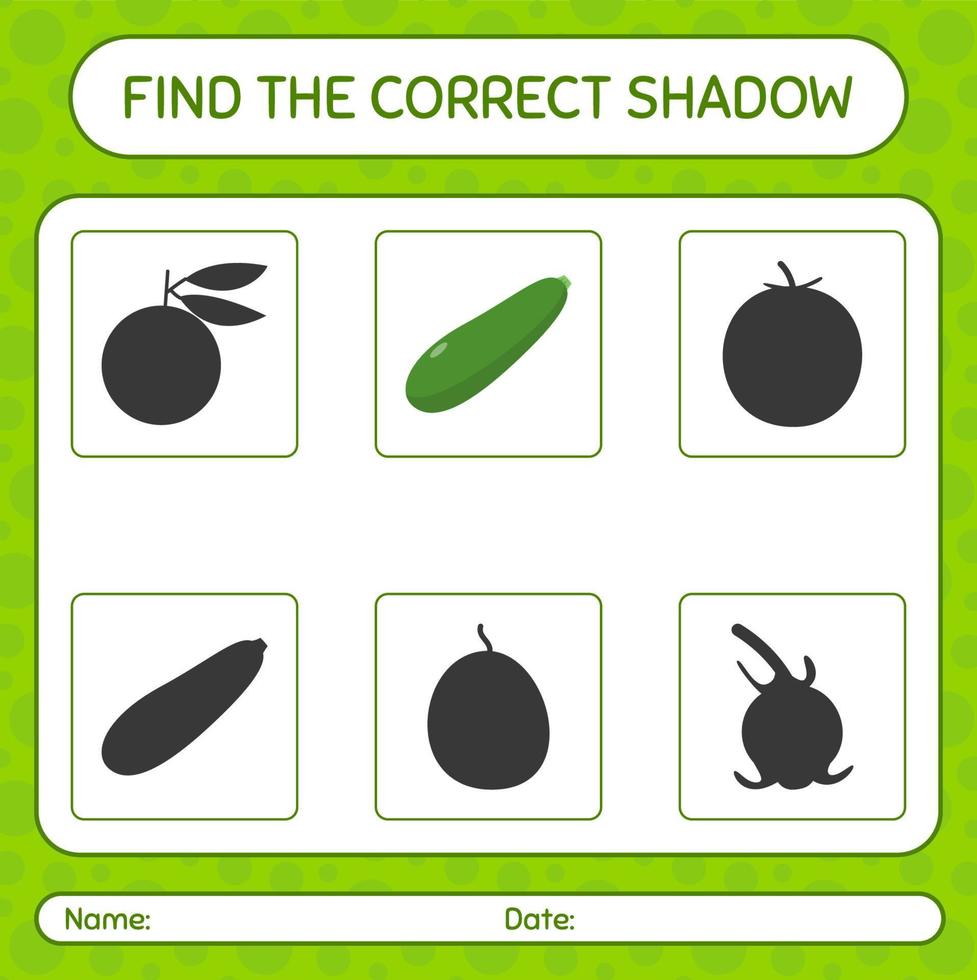 Finden Sie das richtige Schattenspiel mit Zucchini. arbeitsblatt für vorschulkinder, kinderaktivitätsblatt vektor