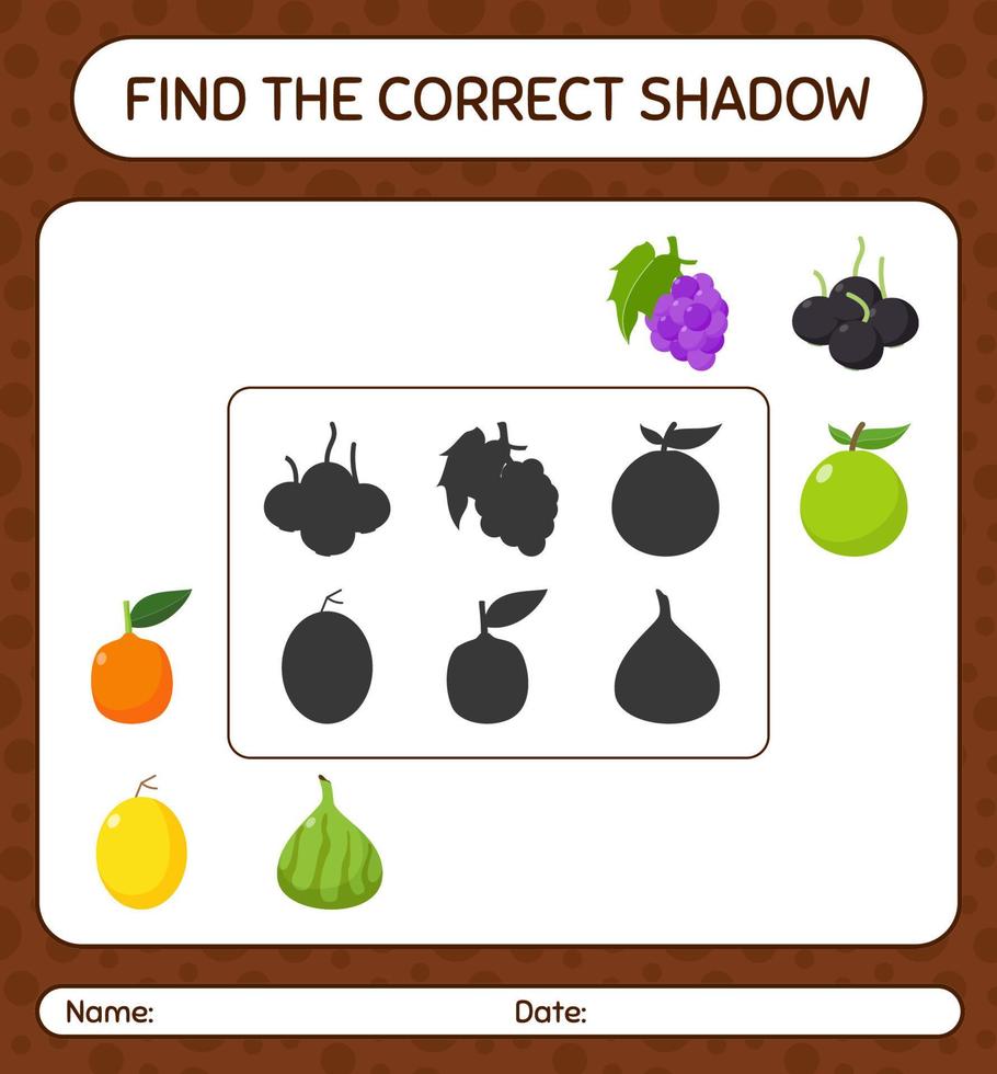 hitta rätt skuggspel med frukt. arbetsblad för förskolebarn, aktivitetsblad för barn vektor