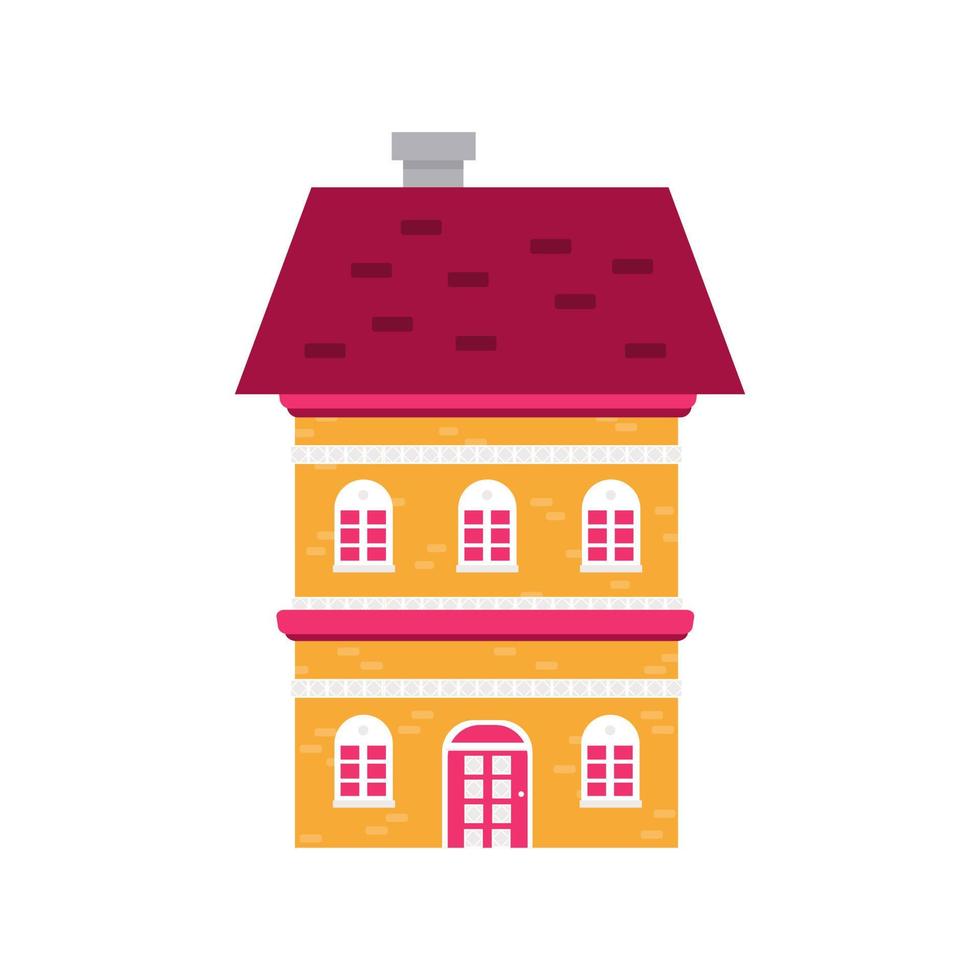 Gelbes Haus isoliert auf weißem Hintergrund. helle, stilvolle, schöne Architektur. zwei Stockwerke, 5 Fenster, rotes Dach. Gestaltungselement für verschiedene Projekte. vektorillustration, karikaturobjekt vektor