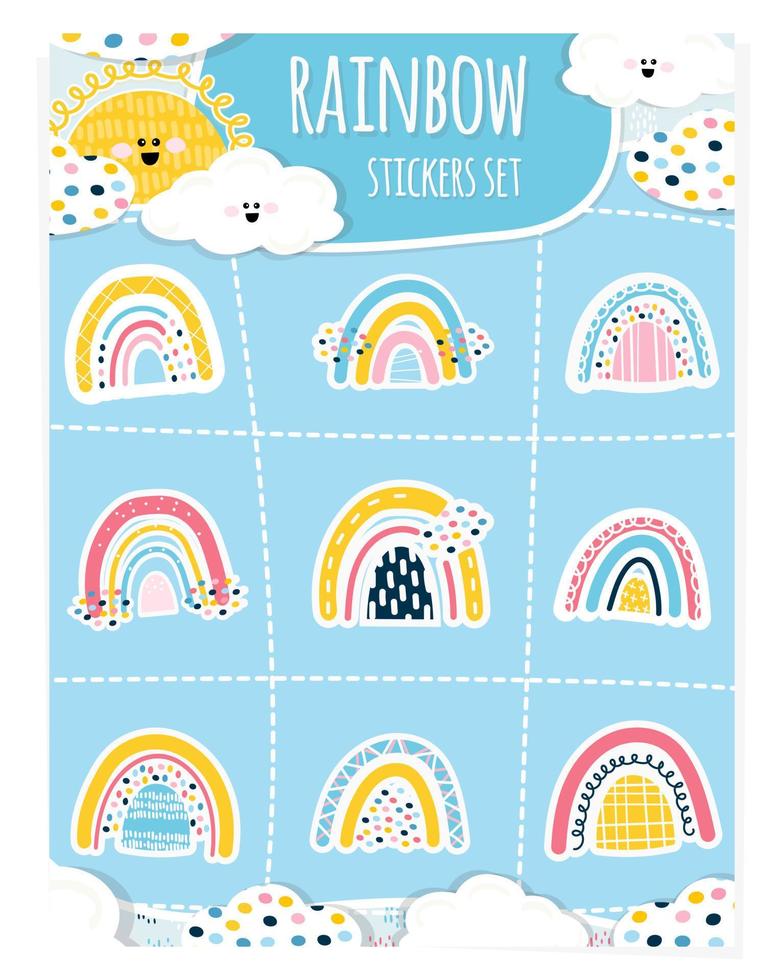 Satz Babyregenbogenaufkleber. die Sonne, Wolken, 9 Aufkleber in Form von Regenbögen. süße Baby-Designelemente zum Bedrucken von Papier, Dekoration von Kinderfesten. Vektor-Illustration. Hand zeichnen vektor