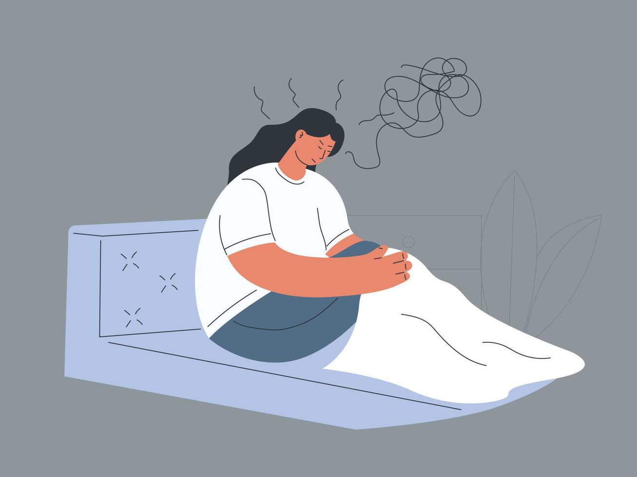traurige frau, die in ihrem schlafzimmer im bett bleibt und mit migräne aufwacht oder an schlaflosigkeit leidet vektor