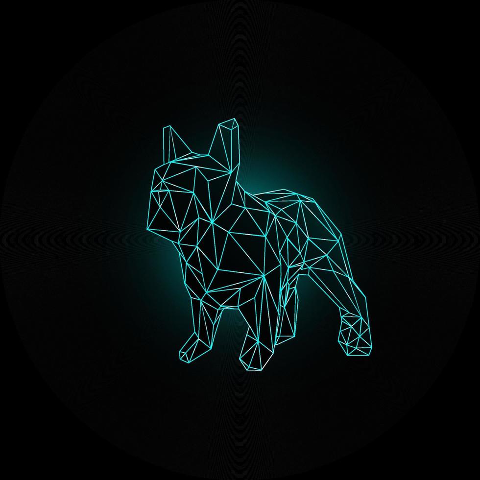 Französische Bulldogge mit blauem Neonlicht im polygonalen Stil auf schwarzem Hintergrund. vektor