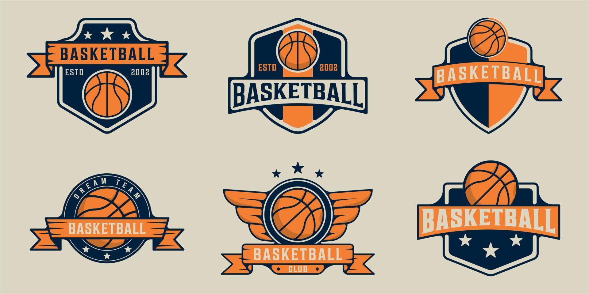 uppsättning basket logotyp vektor vintage illustration mall ikon grafisk design. bunt samling av olika basket sport tecken eller symbol för lag eller klubb liga tävling med märke