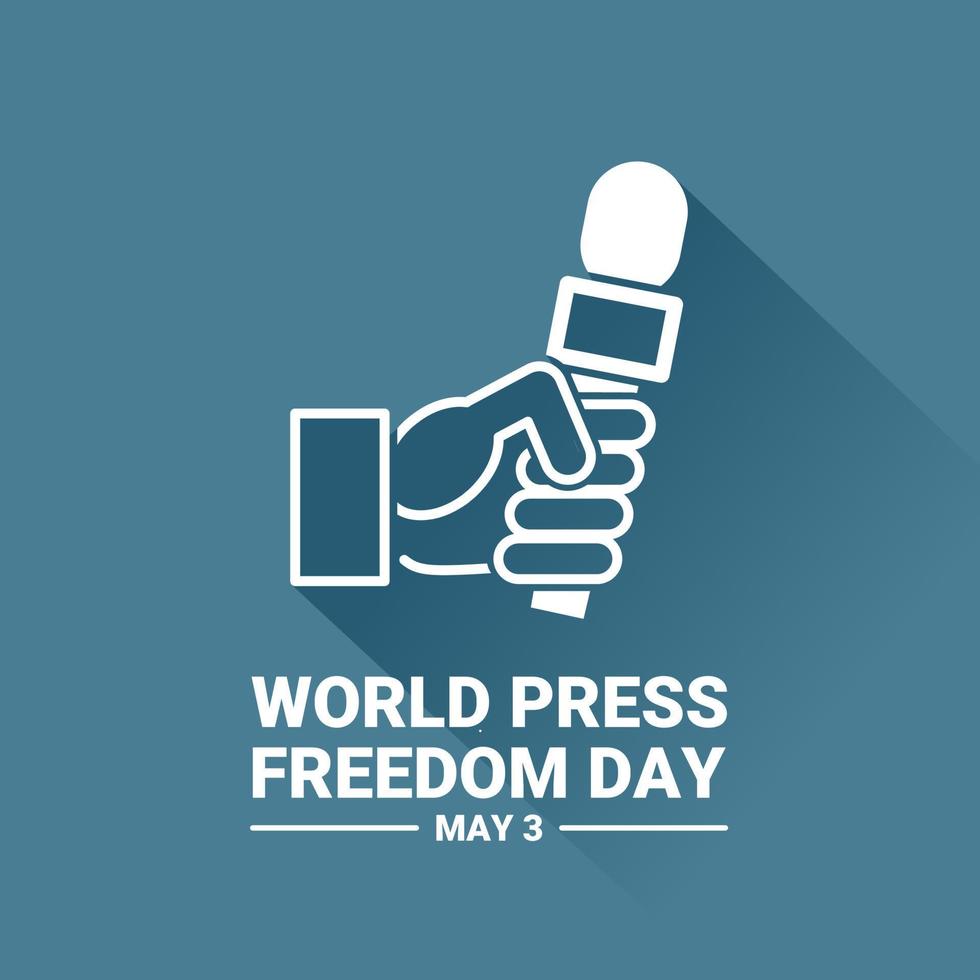 World Press Freedom Day design med handikon som håller nyhetsmikrofon. platt stil med lång skugga. vektor illustration.