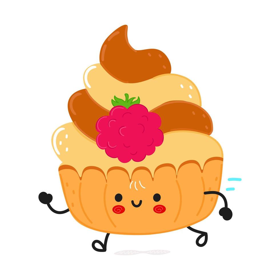 süßer lustiger Laufkuchen. vektor hand gezeichnete karikatur kawaii charakter illustration symbol. isoliert auf weißem Hintergrund. Cupcake-Konzept ausführen