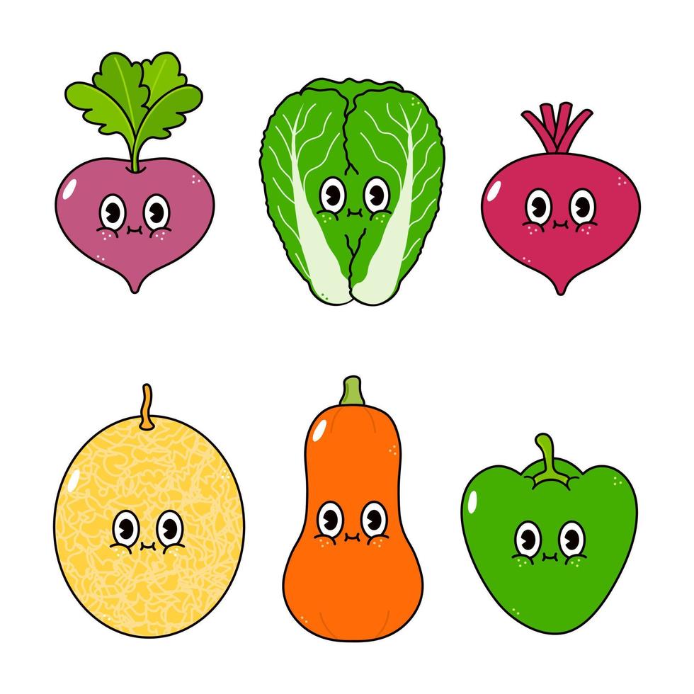 roliga söta glada grönsaker tecken bunt set. vektor handritad tecknad kawaii karaktär illustration ikon. söt rädisa, kinakål, betor, pumpa, melon, peppar