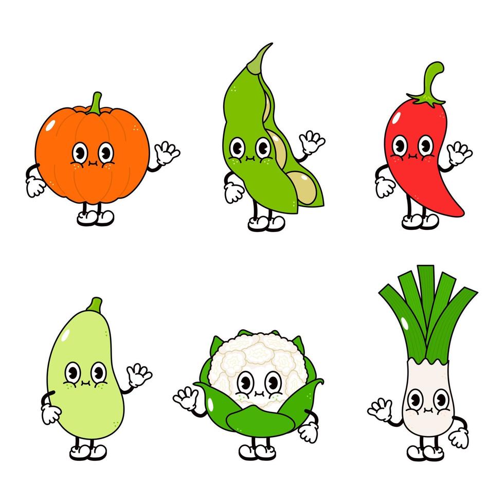 lustiges fröhliches gemüse zeichen bündel satz. vektor hand gezeichnete karikatur kawaii charakter illustration symbol. auf hintergrund isoliert. Süßer Kürbis, Bohnen, Chili, Zucchini, Blumenkohl, Lauch