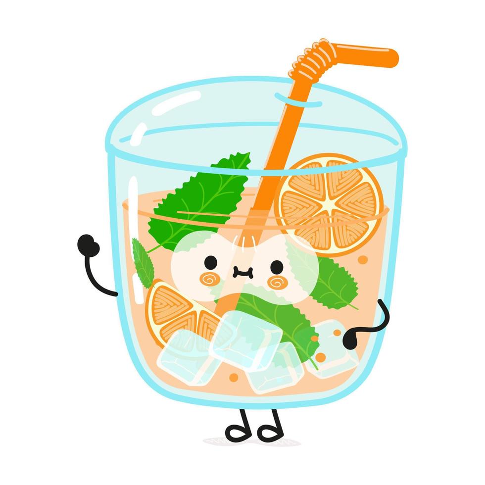 süßer lustiger orangensaft winkender handcharakter. vektor hand gezeichnete karikatur kawaii charakter illustration symbol. isoliert auf weißem Hintergrund. Orangensaft-Charakterkonzept