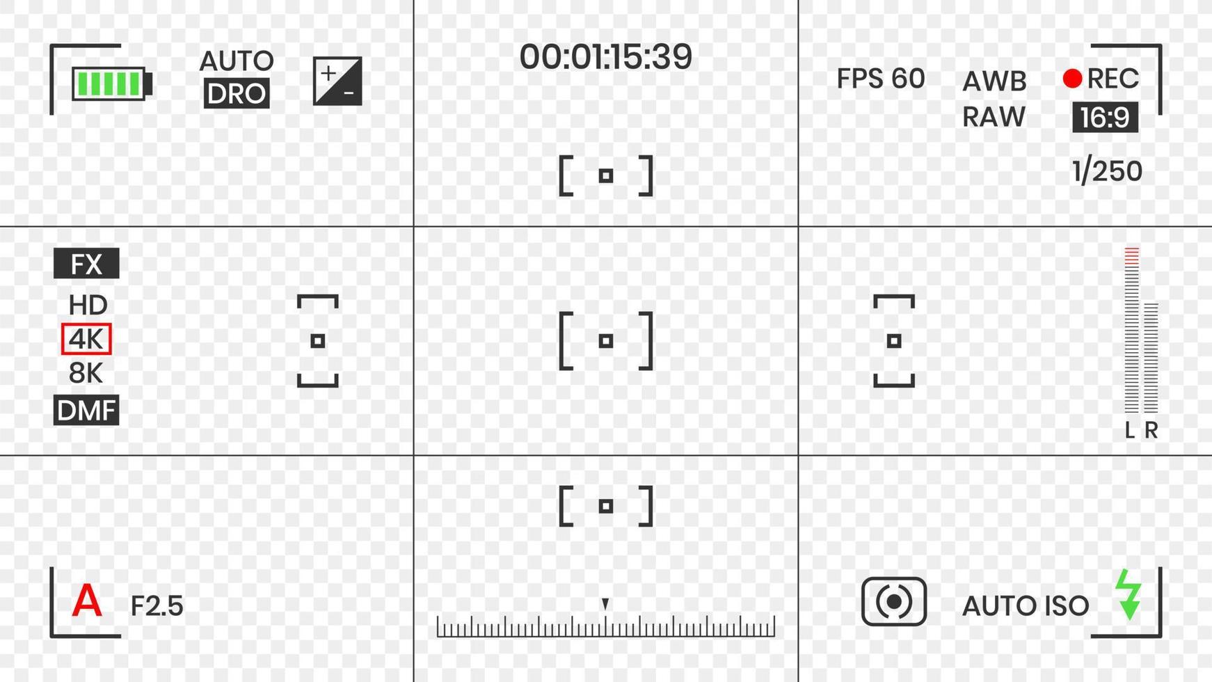 kamera sökare video eller fotoram inspelare platt stil design vektorillustration. digitalkamerasökare med exponeringsinställningar och mall för fokuseringsrutnät. vektor