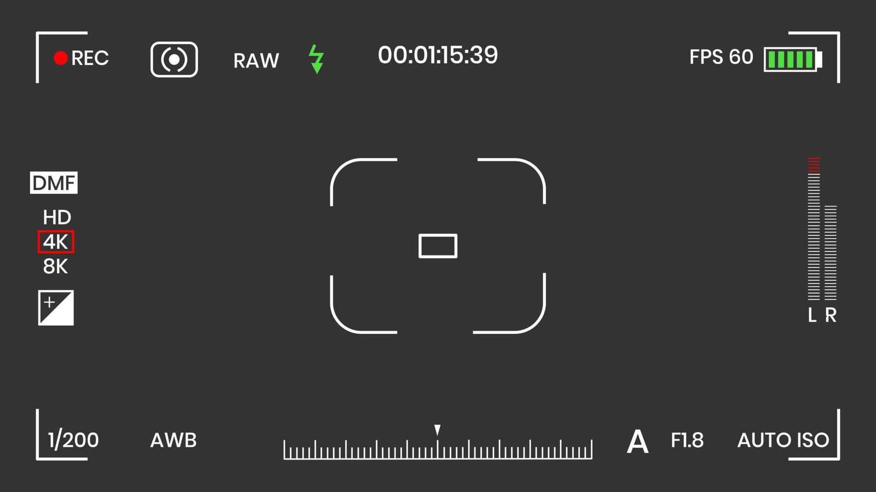 Kamera-Sucher-Video- oder Fotorahmen-Recorder flache Design-Vektorillustration. digitalkamera-sucher mit belichtungseinstellungen und fokussiergittervorlage. vektor