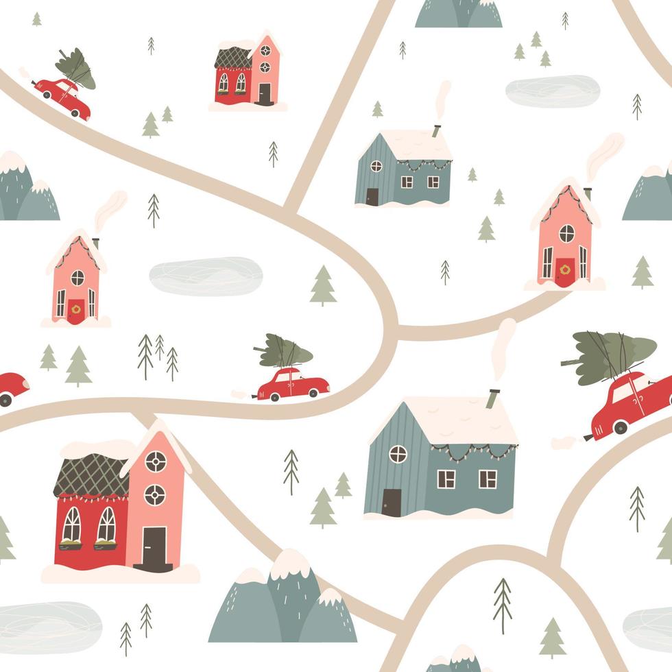 söt vinterstad i snö, sömlösa mönster av skandinavisk stad - platt vektorillustration. jul bakgrund med hus, berg, vägar och träd. vektor
