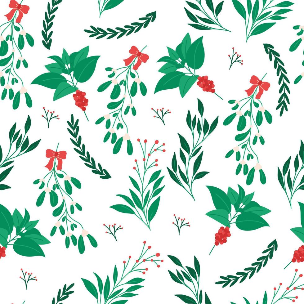 Winterblumen und Pflanzen nahtloses Muster, flache Vektorillustration auf weißem Hintergrund. elegante Weihnachtsbotanik, ideal für Geschenkpapier. vektor