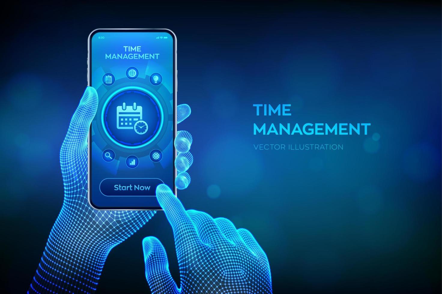 zeitmanagementkonzept planung, organisation, arbeitszeit. Projektmanagement-Effizienz erfolgreiches Strategiekonzept auf virtuellem Bildschirm. Closeup Smartphone in Wireframe-Hand. Vektor-Illustration. vektor