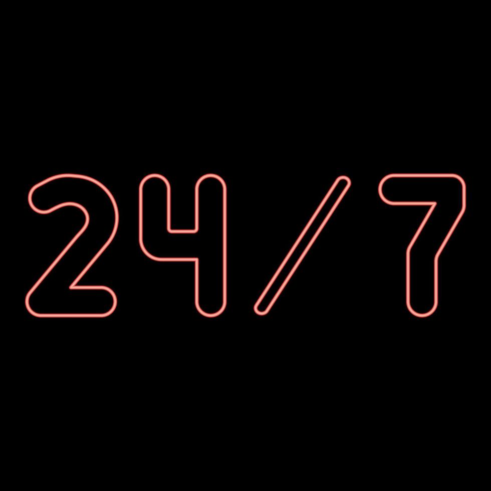 neon 24 7 tjänst röd färg vektor illustration platt stil bild