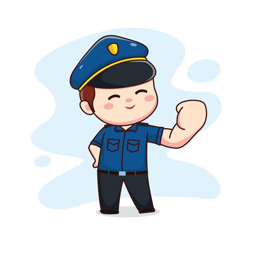 illustration eines glücklichen niedlichen polizisten mit geballter faust kawaii chibi cartoon character design vektor