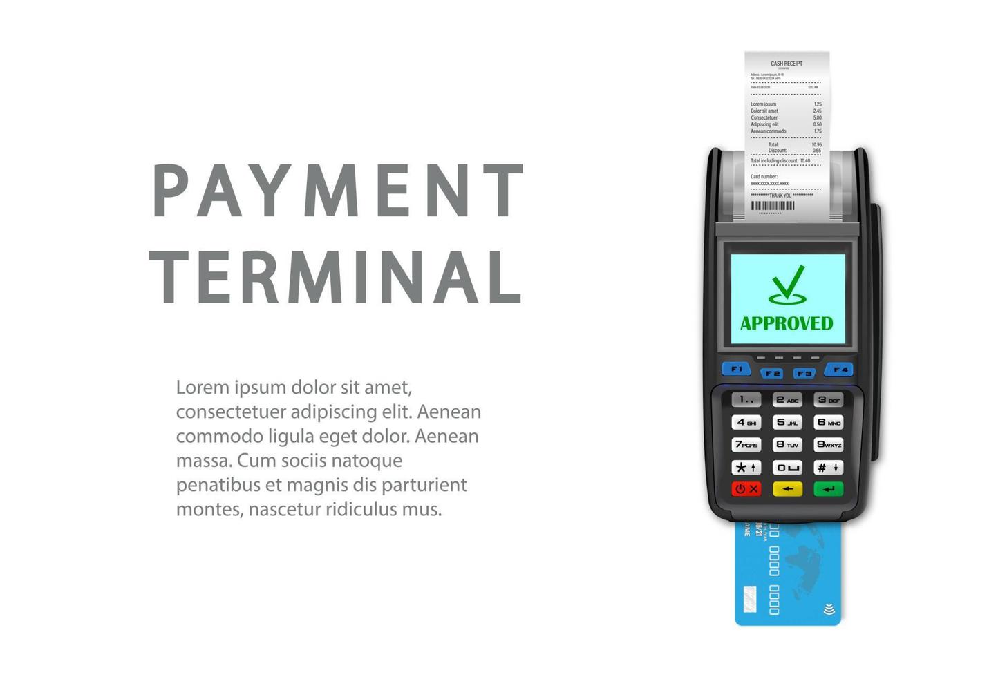 Vektor realistischer schwarzer 3D-Zahlungsautomat. Ein Nahaufnahme-POS-Terminal mit einer Quittung und einer Bankkarte auf weißem Hintergrund. Entwurfsvorlage, Layout. NFC-Zahlungsverarbeitungsgerät. Ansicht von oben