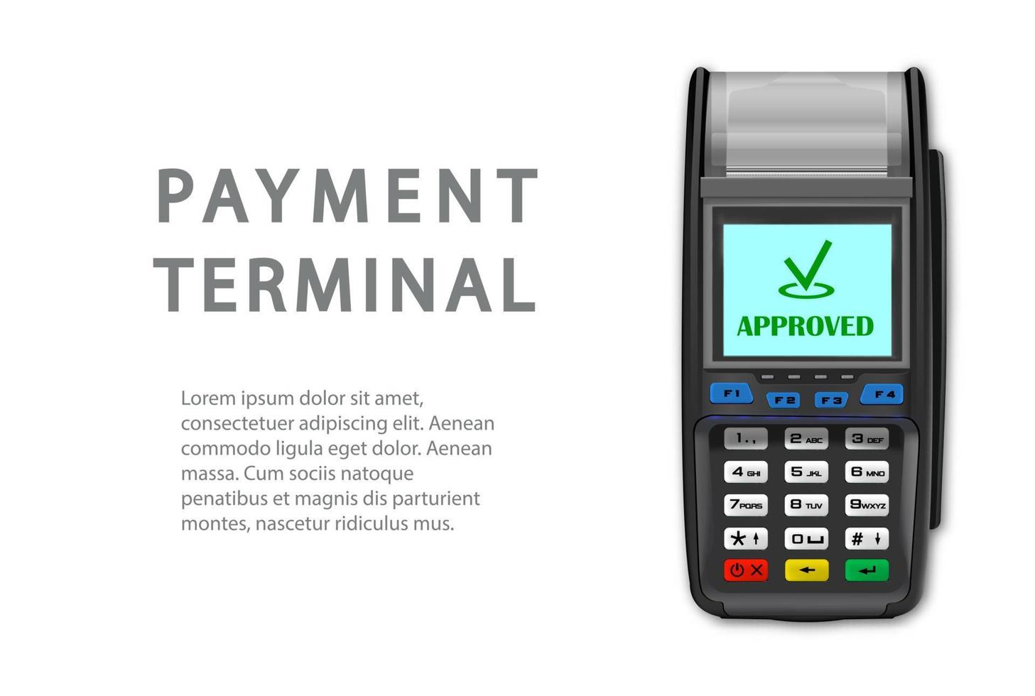 Vektor realistischer schwarzer 3D-Zahlungsautomat. ein Nahaufnahme-POS-Terminal mit einem Platz für Text auf weißem Hintergrund. Vorlage für ein Bankzahlungsterminal. NFC-Zahlungsverarbeitungsgerät. Ansicht von oben