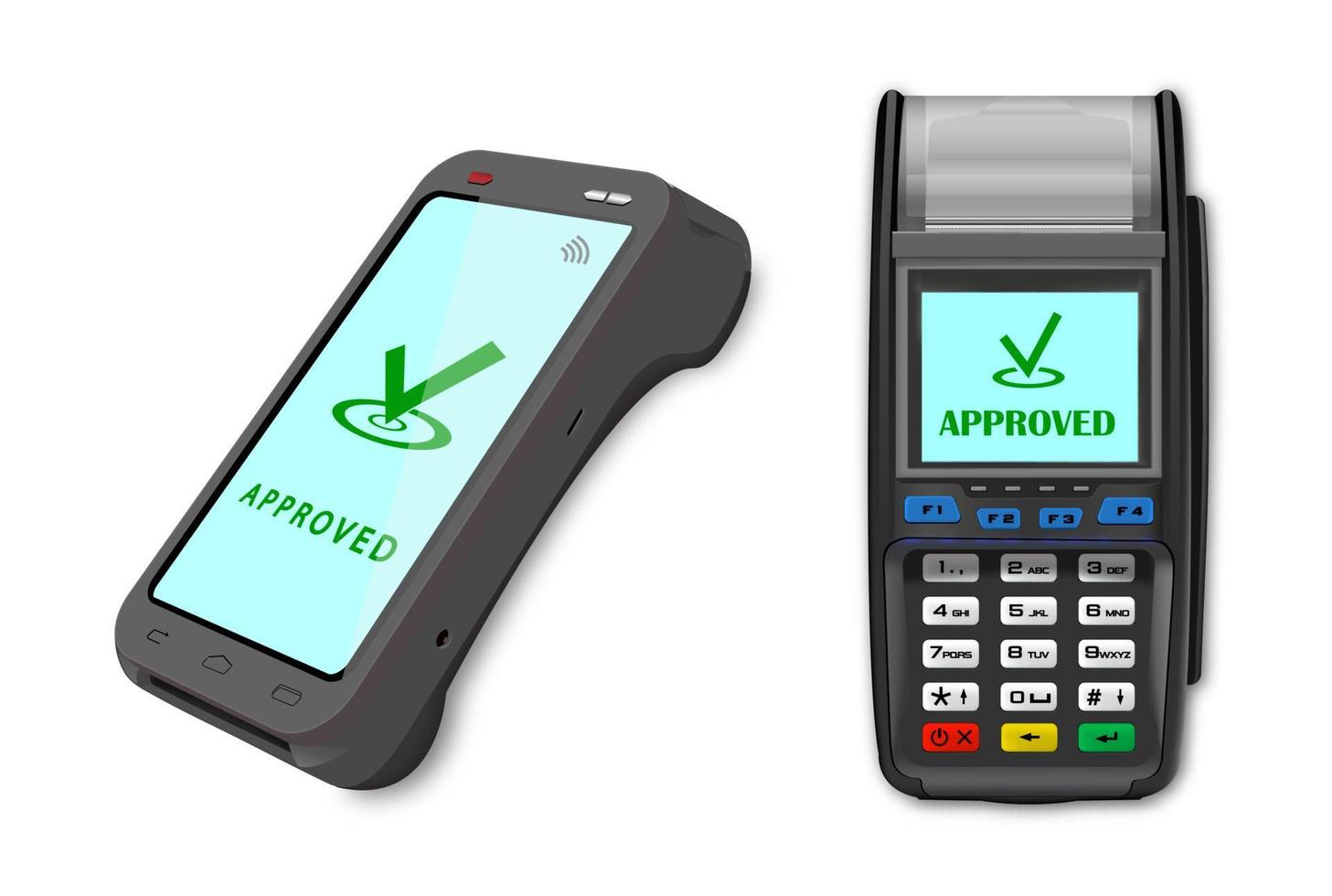 Vektor realistische 3d zwei Zahlungsautomaten. Nahaufnahme von POS-Terminals auf weißem Hintergrund. Entwurfsvorlage, Layout. NFC-Zahlungsverarbeitungsgerät. Ansicht von oben