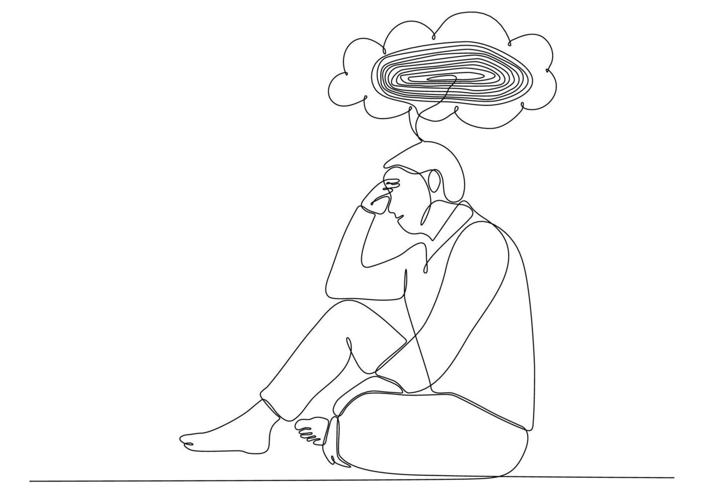 kontinuerlig linjeteckning av ung man som känner sig ledsen, trött och orolig som lider av depression i psykisk hälsa vektorillustration vektor