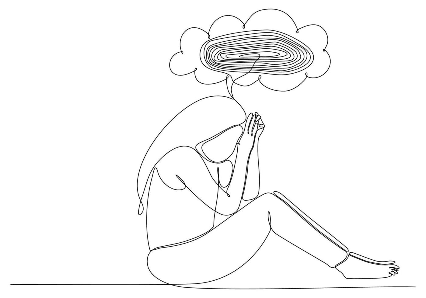 kontinuerlig linjeteckning av ung kvinna som känner sig ledsen, trött och orolig som lider av depression i psykisk hälsa vektorillustration vektor