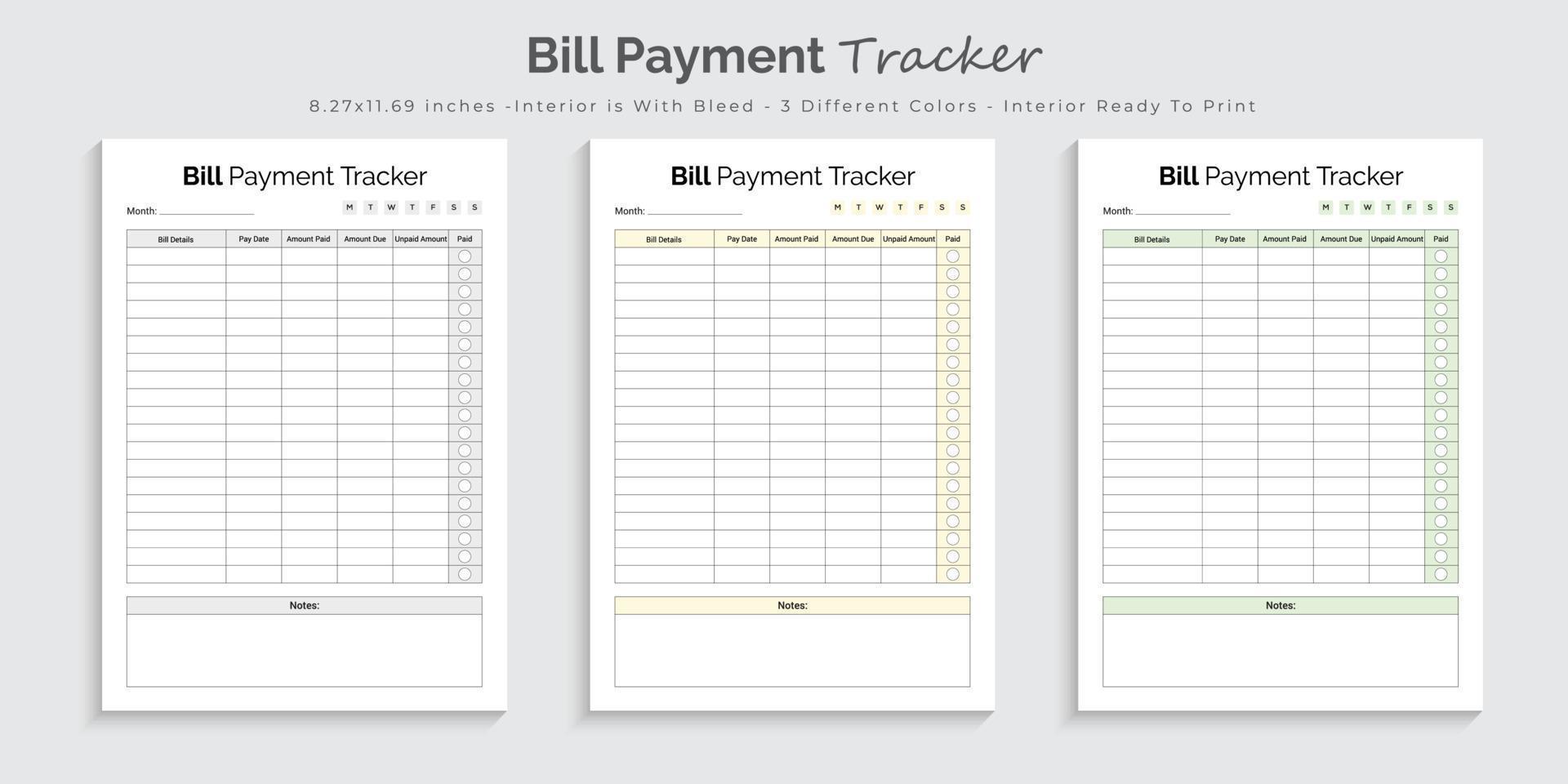 Bill Payment Tracker Logbuch und Vorlage für die Innenarchitektur des Journals vektor