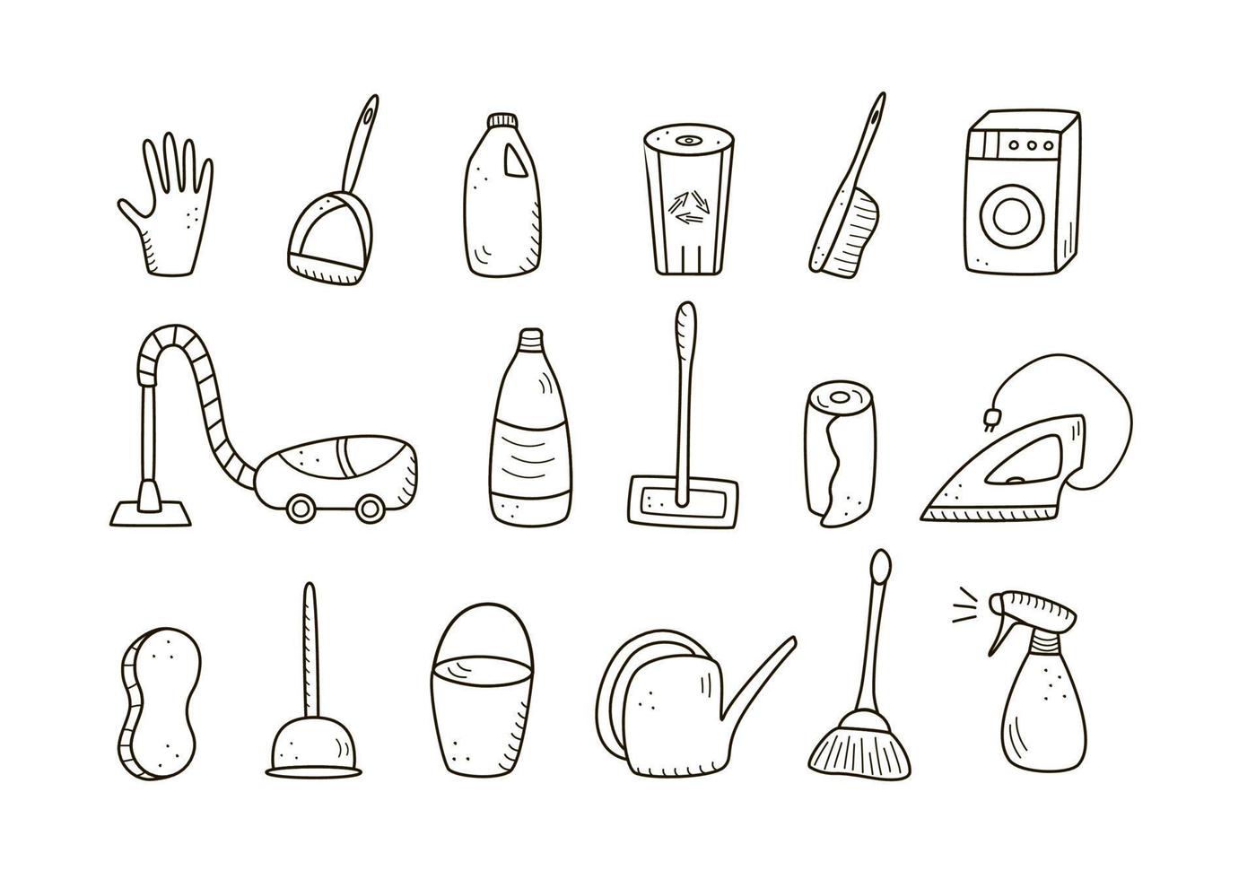 doodle stil vektor rengöringselement. en uppsättning ritningar av rengöringsprodukter och föremål. rumstvättsats