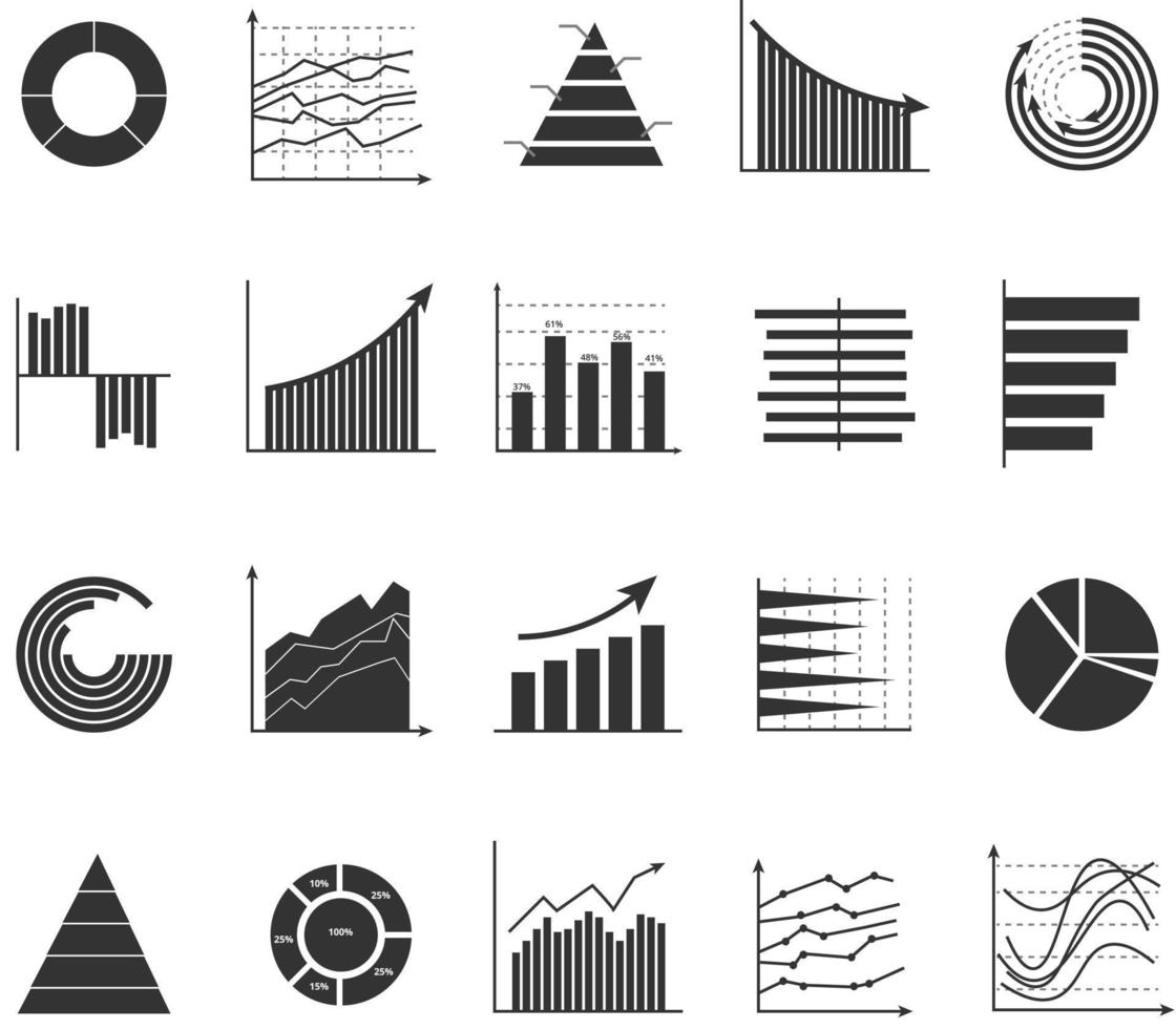 uppsättning affärsdiagram ikon, siluett objekt statistik finans presentation, platt framgångsrapport symbol vektor. 640x640 pixlar vektor